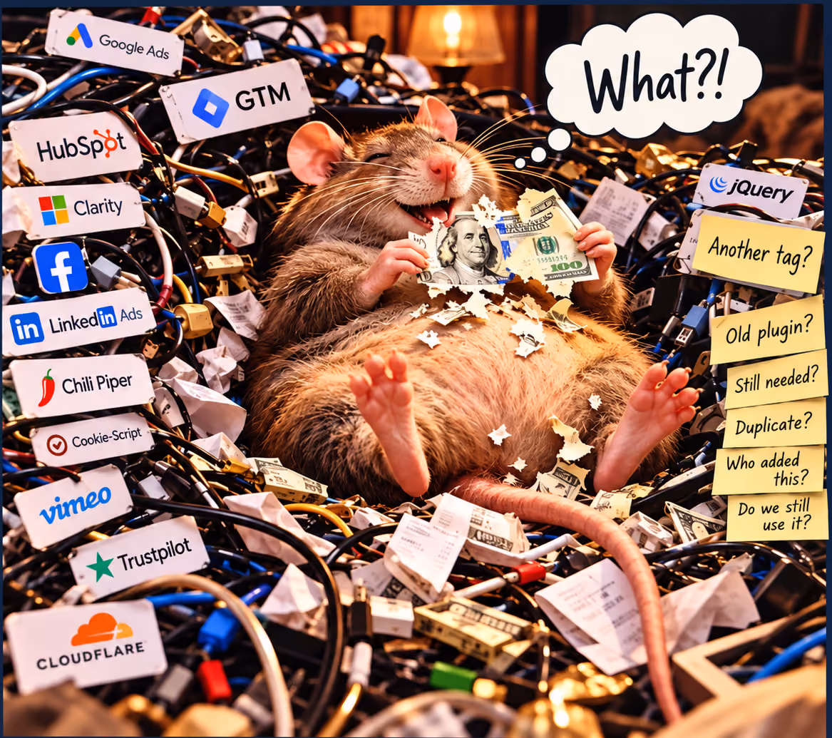 Rat sitting in a tangled pile of website tools, tracking services, cables, and old technology, illustrating how unused website elements can accumulate over time.