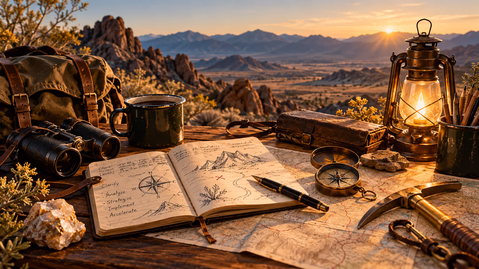 Explorer's field desk with maps, journal, compass, binoculars, lantern, pickaxe and gold-bearing quartz overlooking paths through a desert mountain valley.