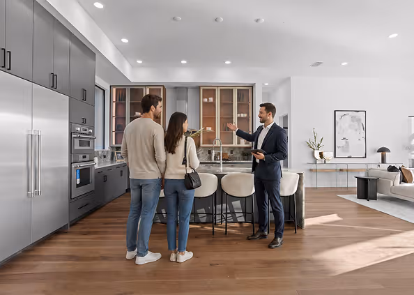 Real estate agent showing a modern kitchen and living room to a couple during a home tour.