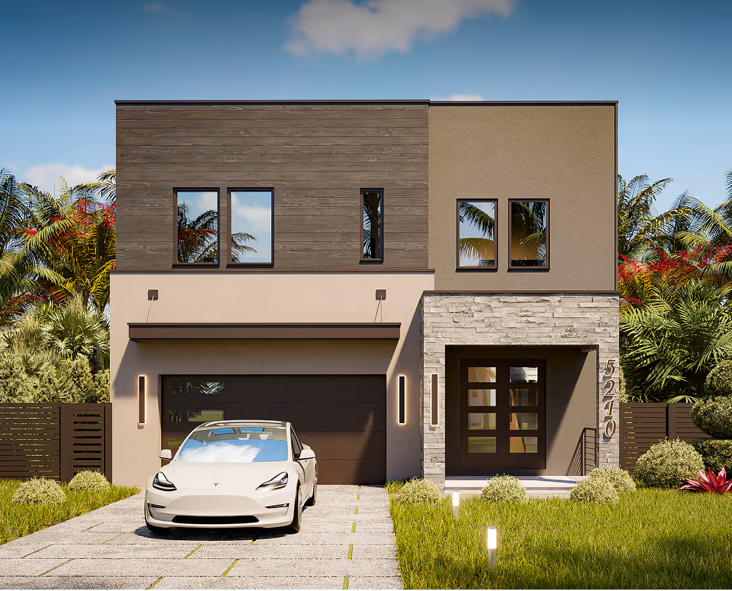 Modern two-story house with beige and wood siding, large windows, stone accents, front porch with hanging chair, and a black pickup truck parked in the driveway.