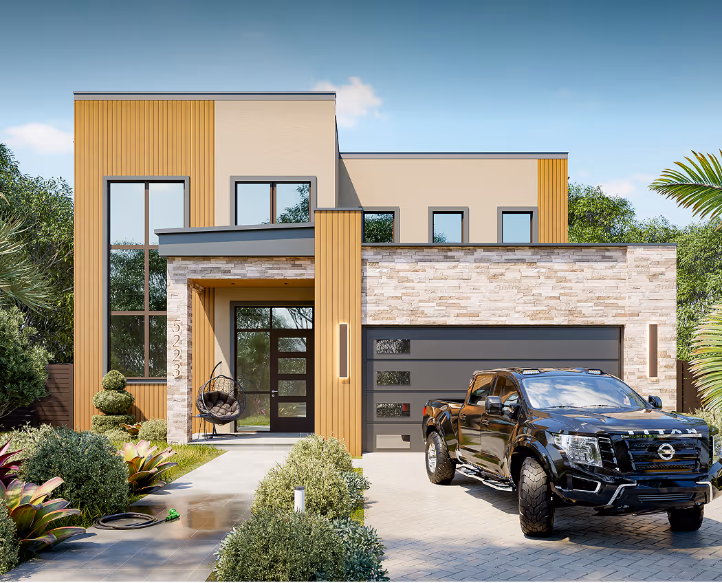 Modern two-story house with wood and stone facade, large windows, and a black pickup truck parked in the driveway.