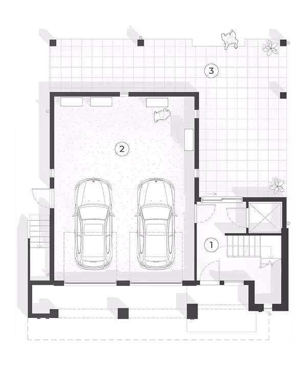 Architectural floor plan showing a garage with two cars, multiple rooms labeled 1 to 7, and a patio area with furniture.