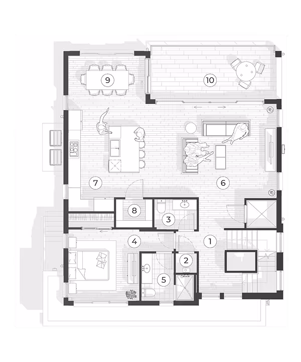 Architectural floor plan showcasing multiple rooms with furniture arrangement, including bedrooms, bathrooms, living areas, and closets.