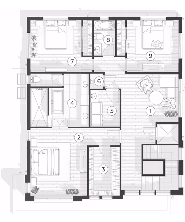 Black and white architectural floor plan of a house with numbered rooms including living area, bedrooms, bathrooms, and closets.