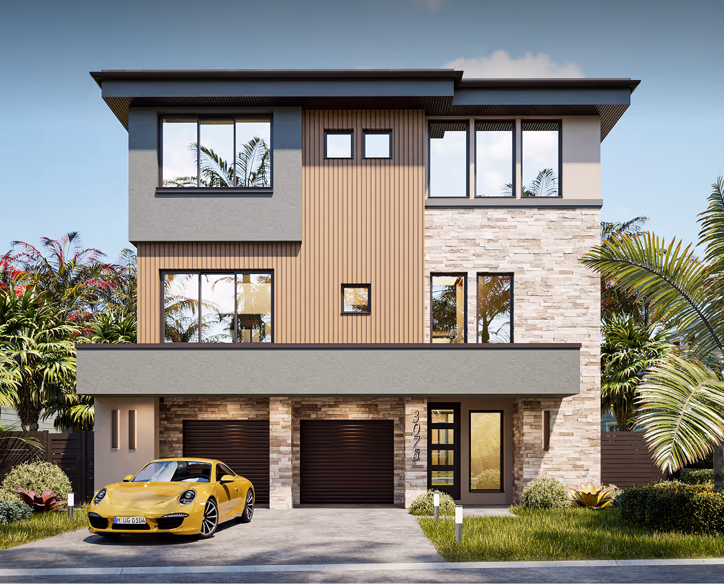 Modern two-story house with white and wooden panel exterior, large windows, two-car garage, and a yellow sports car parked in the driveway.