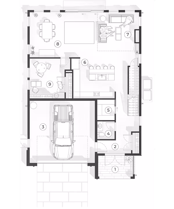 Floor plan of a house showing an entry porch, foyer, garage with a parked car, bathroom, utility room, kitchen with island, living room with seating, dining area with table and chairs, and a small office space.