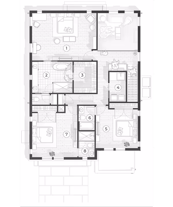 Architectural floor plan showing three bedrooms, bathrooms, a walk-in closet, laundry room, and living areas with furniture layout.