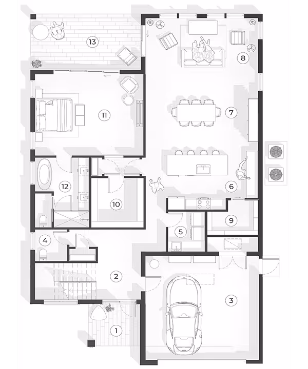 Black and white architectural floor plan of a single-story house with labeled rooms including porch, entry, garage, bathroom, kitchen, dining, living room, bedroom, closets, and patio.