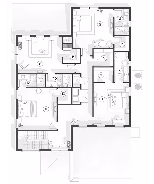 Architectural floor plan of a house featuring multiple bedrooms, bathrooms, living areas, and stairs.