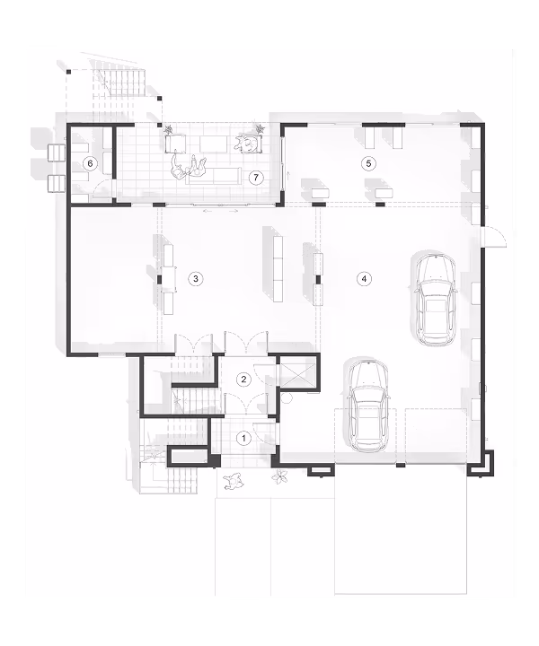 Architectural floor plan showing a garage for two cars, multiple rooms labeled with numbers, and a terrace area with seating furniture.