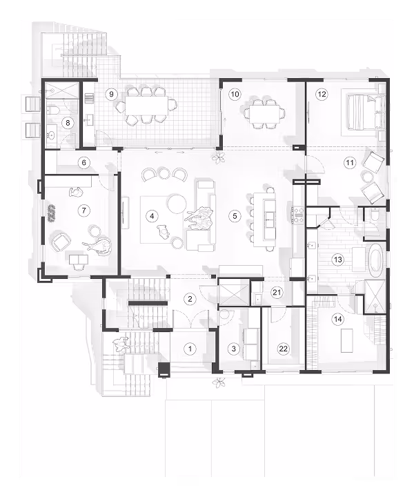 Architectural floor plan showing a residential layout with multiple rooms including bedrooms, living areas, bathrooms, and closets, with furniture placement and dimensions.