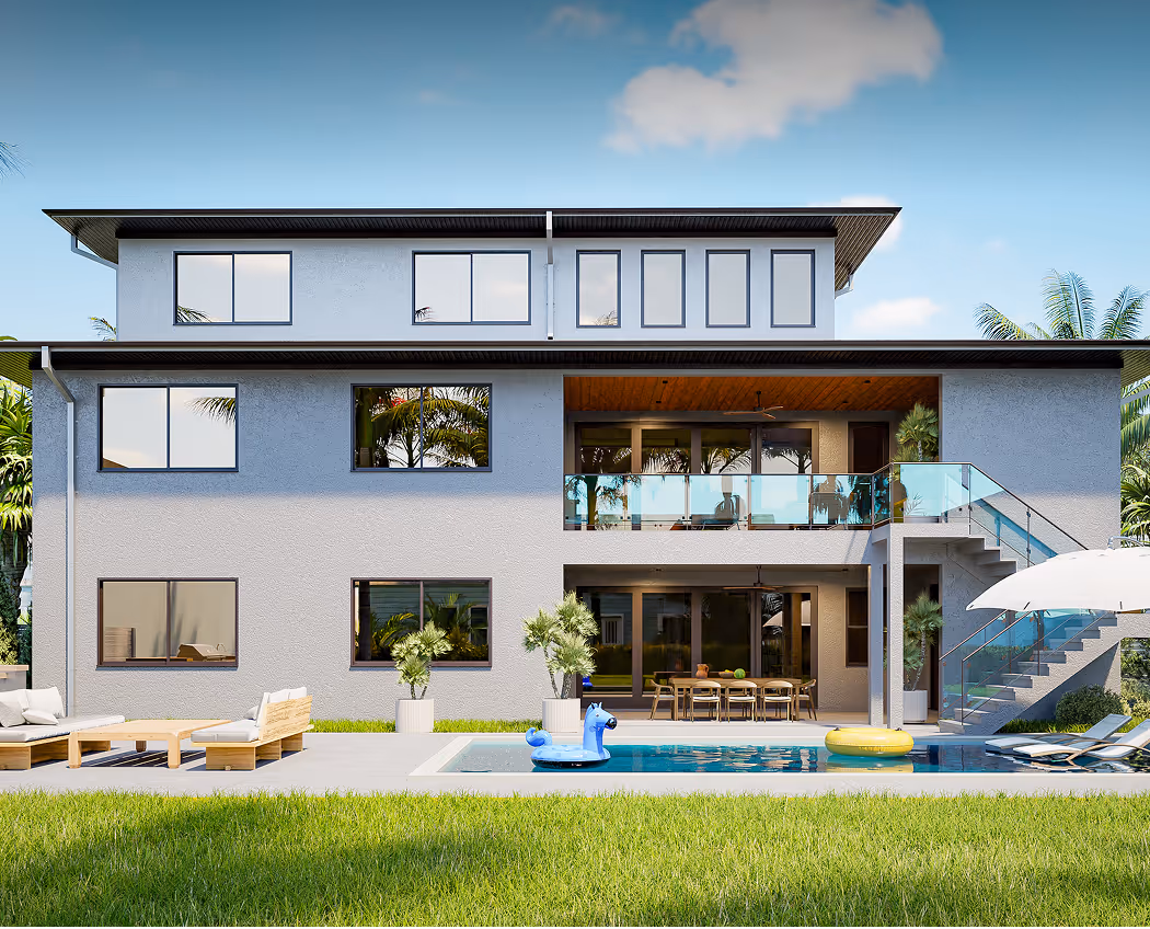 Modern two-story house with a dark garage door and a red sports car parked on the driveway.