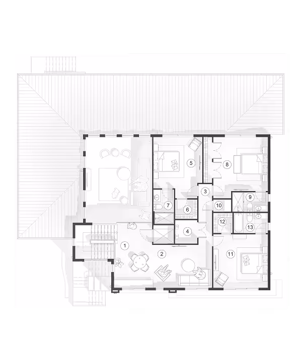 Architectural floor plan showing layout of living room, bedrooms, bathrooms, and closets with numbered labels.