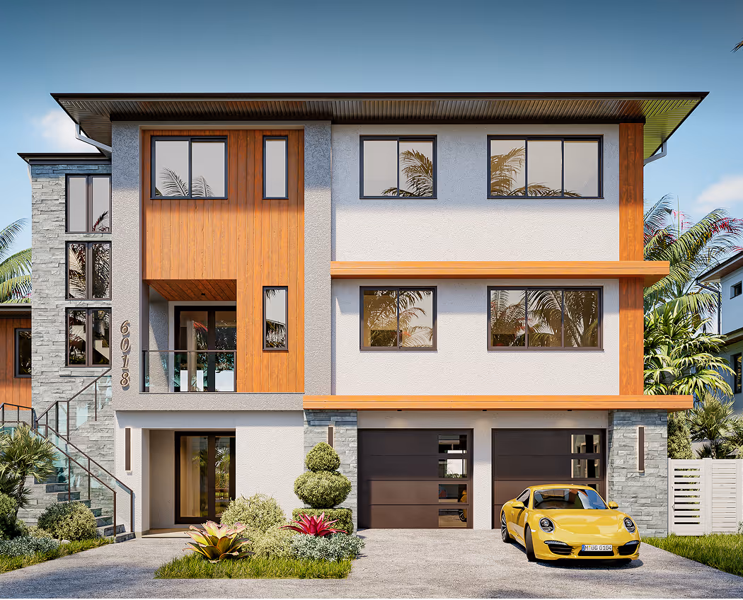 Modern three-story house with wooden and stone facade, large windows, a double garage, and a yellow sports car parked outside.