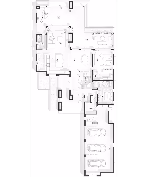 Architectural floor plan showing a house layout including a two-car garage, multiple rooms, and an outdoor terrace with seating.