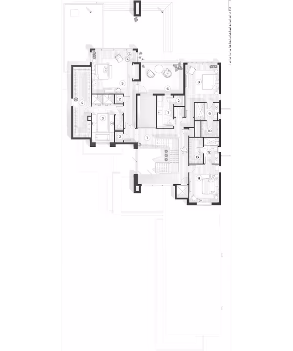 Architectural floor plan showing various rooms including living areas, bedrooms, bathrooms, and closets with furniture placement and measurements.