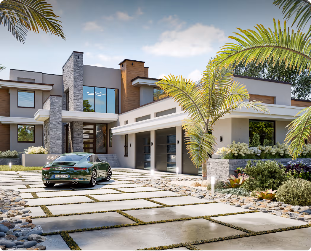 Modern two-story house with a driveway featuring a parked red sports car and a landscaped front yard with bushes and plants.