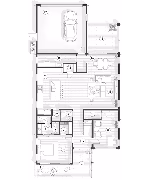 Architectural floor plan showing garage with two cars, various rooms labeled with numbers, and an outdoor seating area.