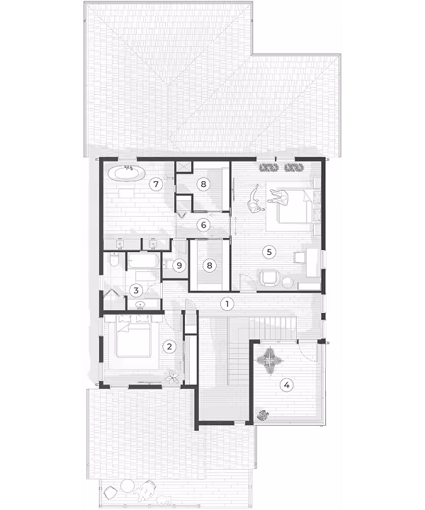 Architectural floor plan showing a layout with multiple rooms, including bedrooms, bathrooms, living areas, and staircases, with detailed furniture placement and dimension markings.