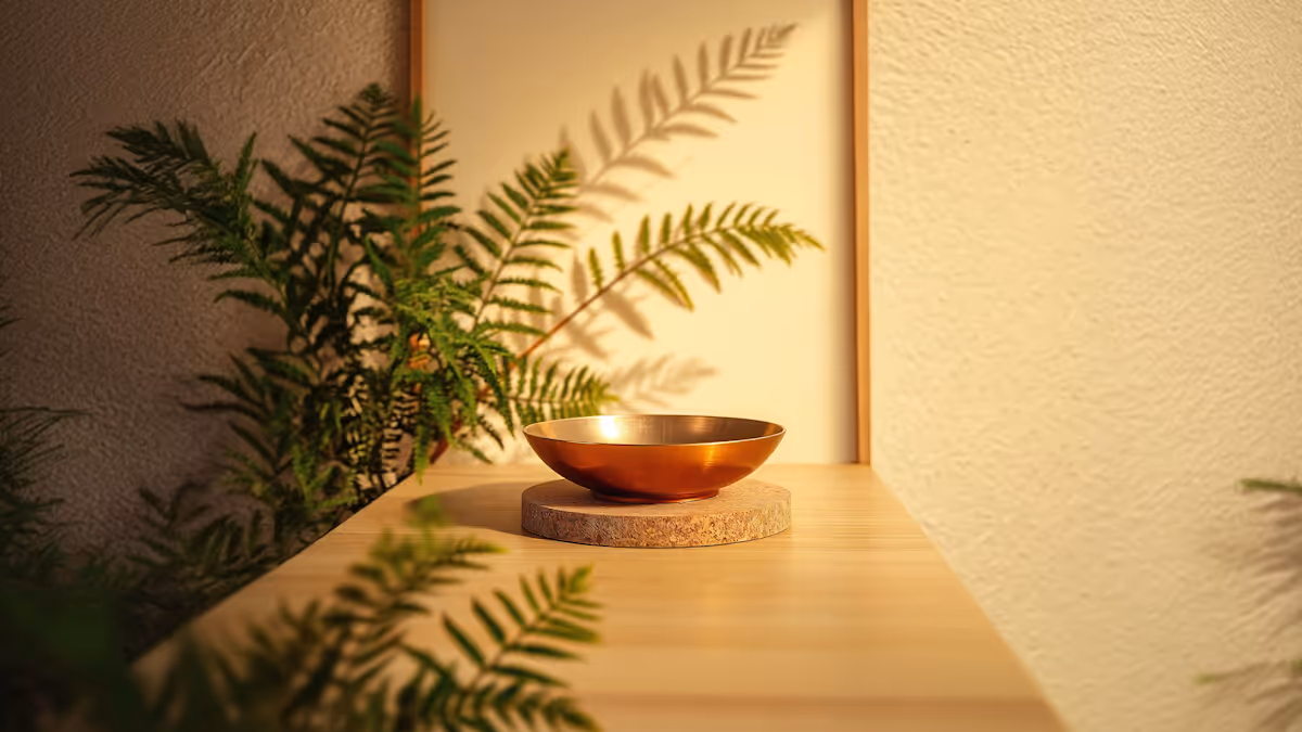 Golden Bowl on Wooden Platform