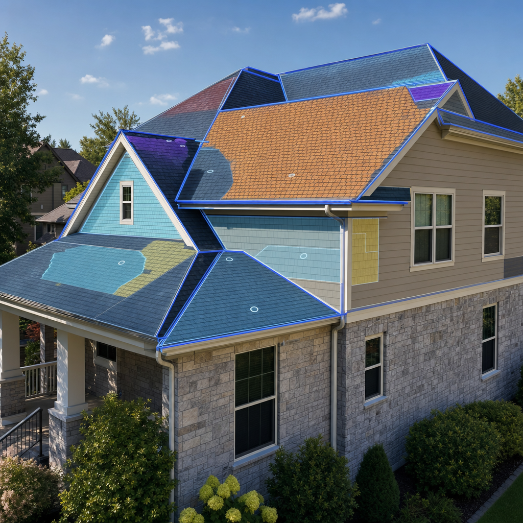 Blue structural overlays highlight roof planes and exterior walls on a suburban house.