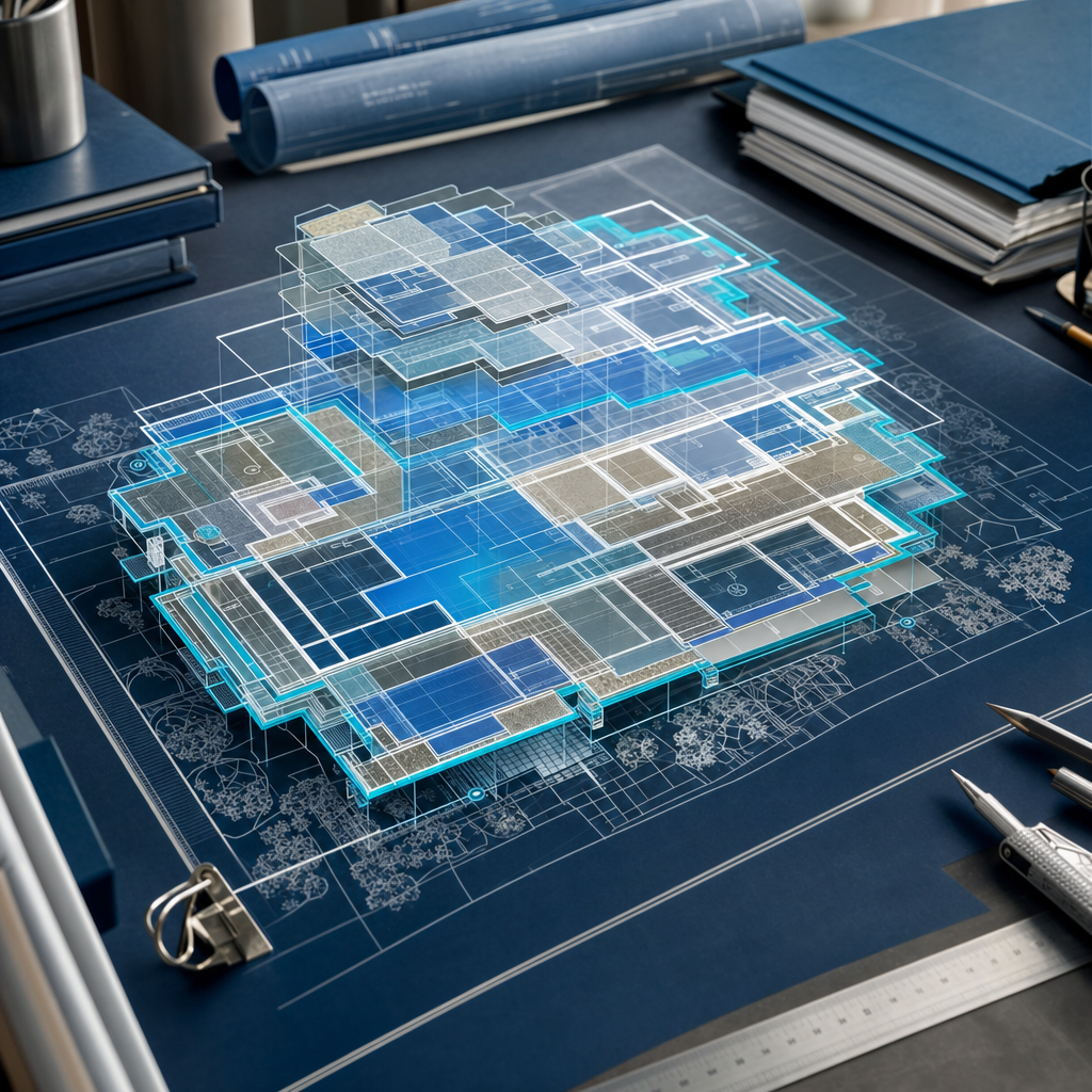 Structural data overlays a residential building footprint on an architectural drafting desk.