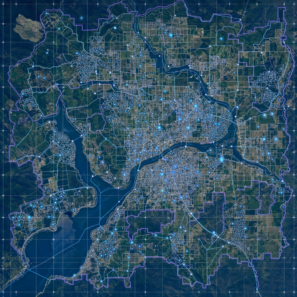 A top-down map shows address points, parcel boundaries, and coordinate grids.