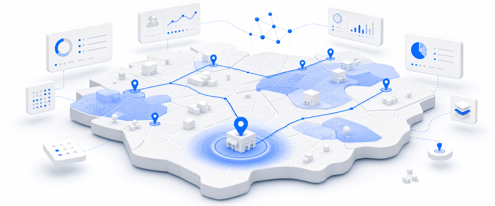 Isometric BigGeo illustration of a floating geographic platform with blue site markers, demographic regions, and route paths for retail site scoring.