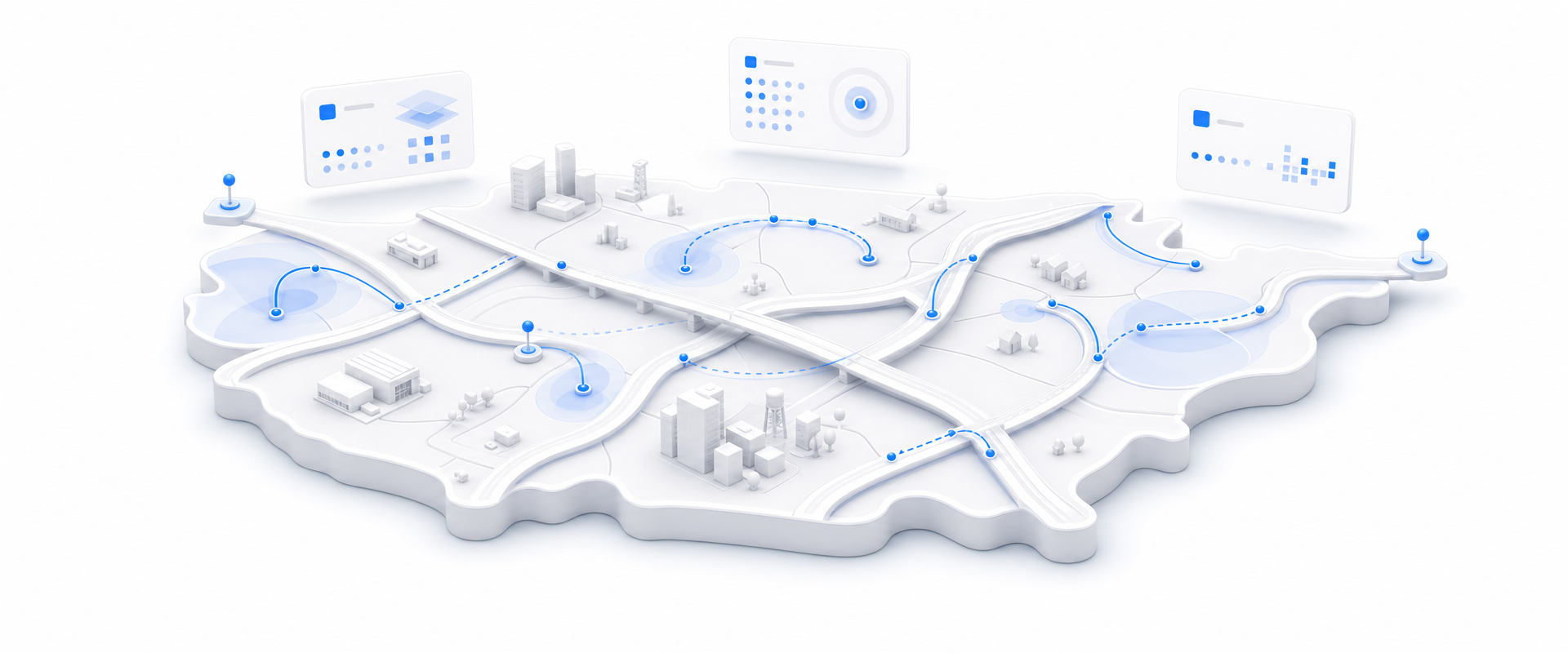 Isometric white geographic platform with blue driving-event routes, markers, partitions, and floating data components representing nationwide telematics risk scoring.