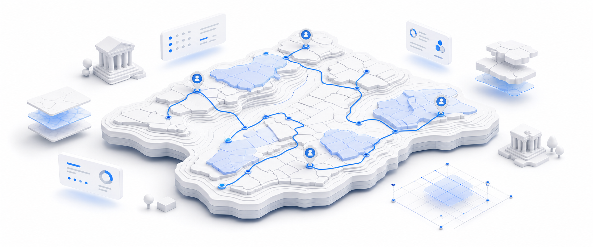 A floating white isometric parcel platform with blue routes, markers, overlays, and abstract data cards representing connected ownership and boundary intelligence.