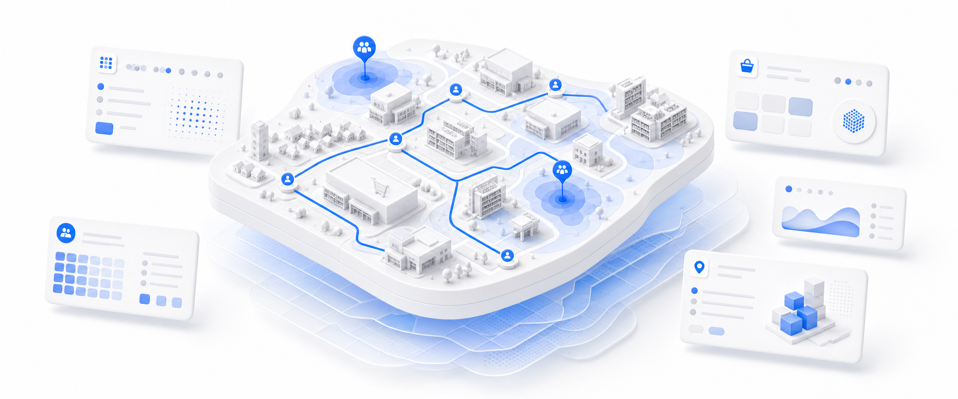 Isometric matte-white geographic platform with blue audience routes, coverage regions, markers, abstract CPG structures, and floating data cards representing competitor brand loyalty conquesting data.