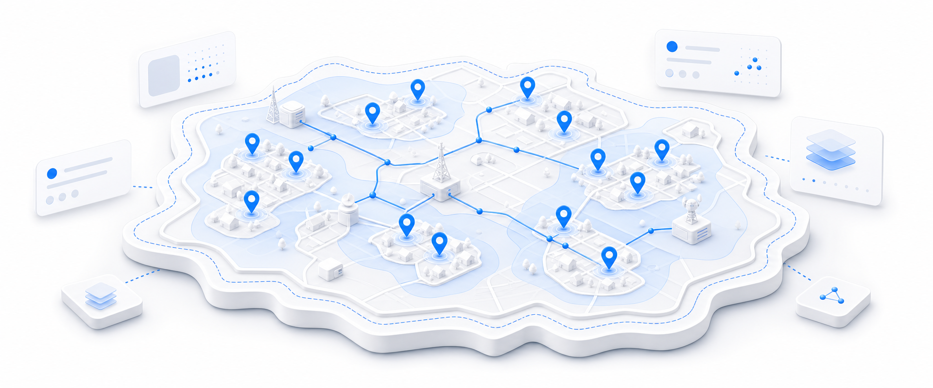 Isometric white geographic platform with blue coverage overlays, route paths, location markers, and floating data cards representing new homeowner opportunities inside an ISP service footprint.