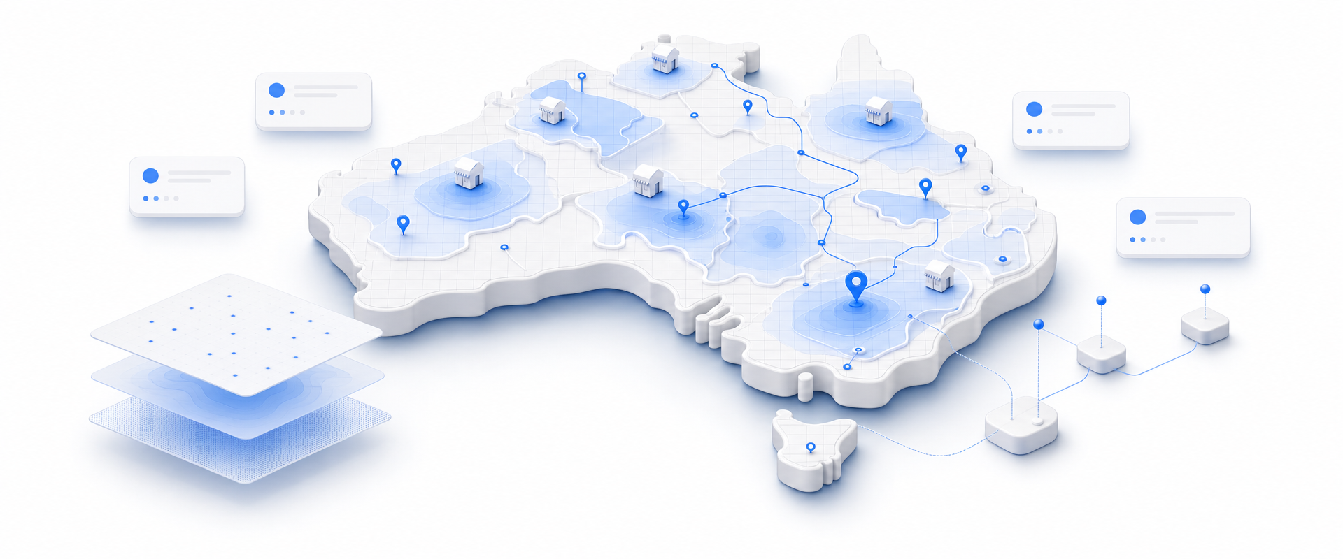 Isometric white-clay geographic platform with blue catchment overlays, routes, markers, partitions, and floating data cards representing Australia-wide consumer segmentation intelligence.