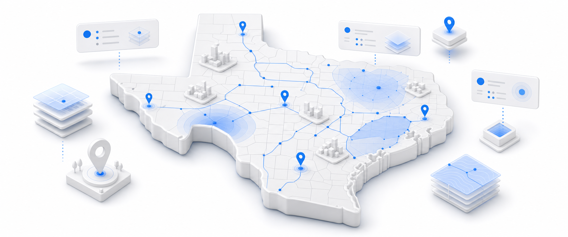 Isometric white-clay geographic platform with parcel divisions, blue routes, location markers, coverage overlays, and floating data cards representing unified Texas parcel and land-use intelligence.