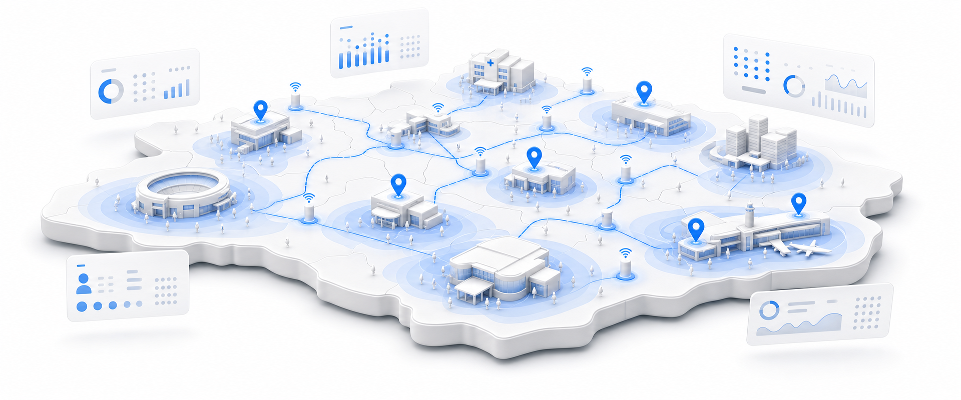 Isometric white geographic platform with blue network paths, venue markers, translucent coverage fields, and floating abstract data cards representing deterministic venue visit and dwell telemetry.