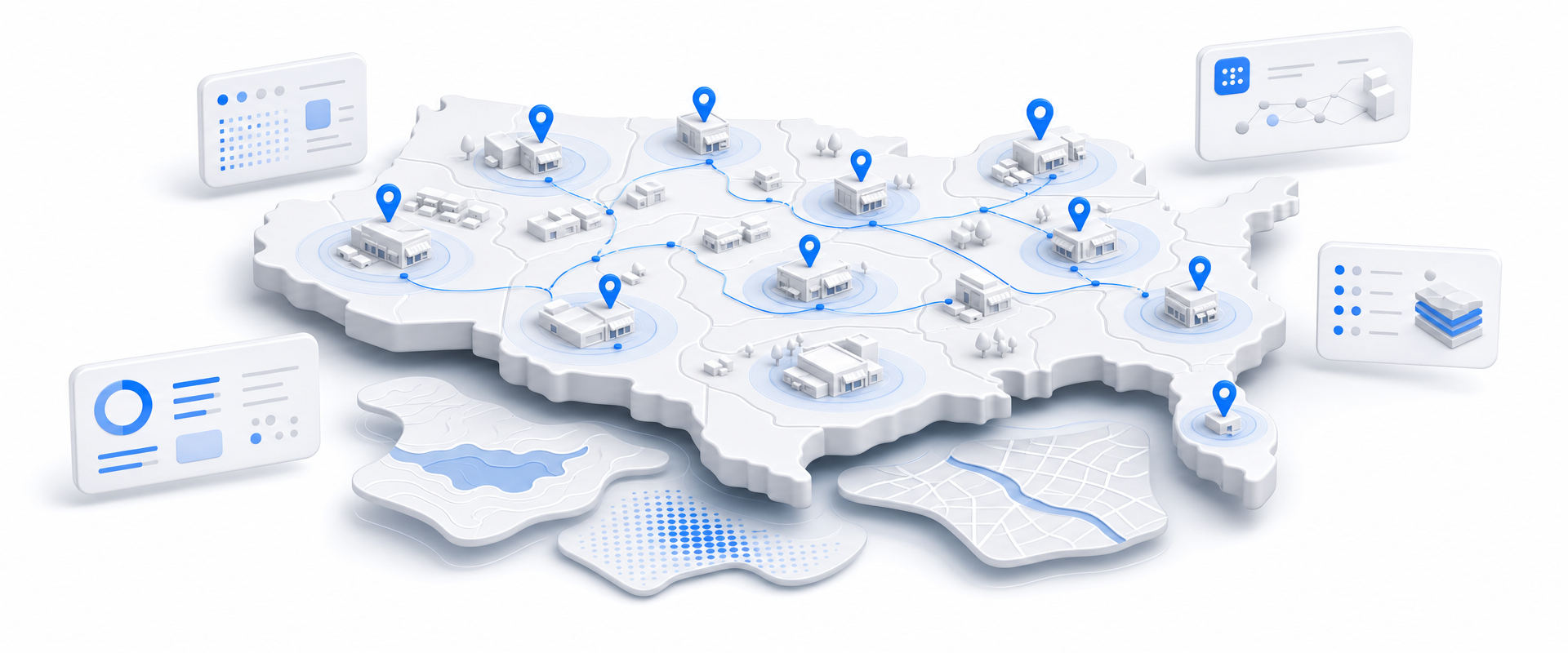 Isometric white geographic retail platform with blue POI markers, catchment rings, routes, partitions, layered map surfaces, and floating data cards representing nationwide retail location intelligence for site selection.