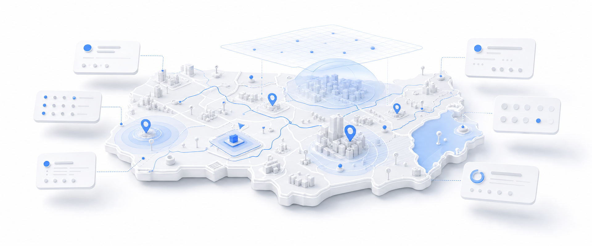 Isometric white geographic platform with blue retail location markers, routes, trade-area overlays, and floating data cards representing nationwide retail POI analysis.