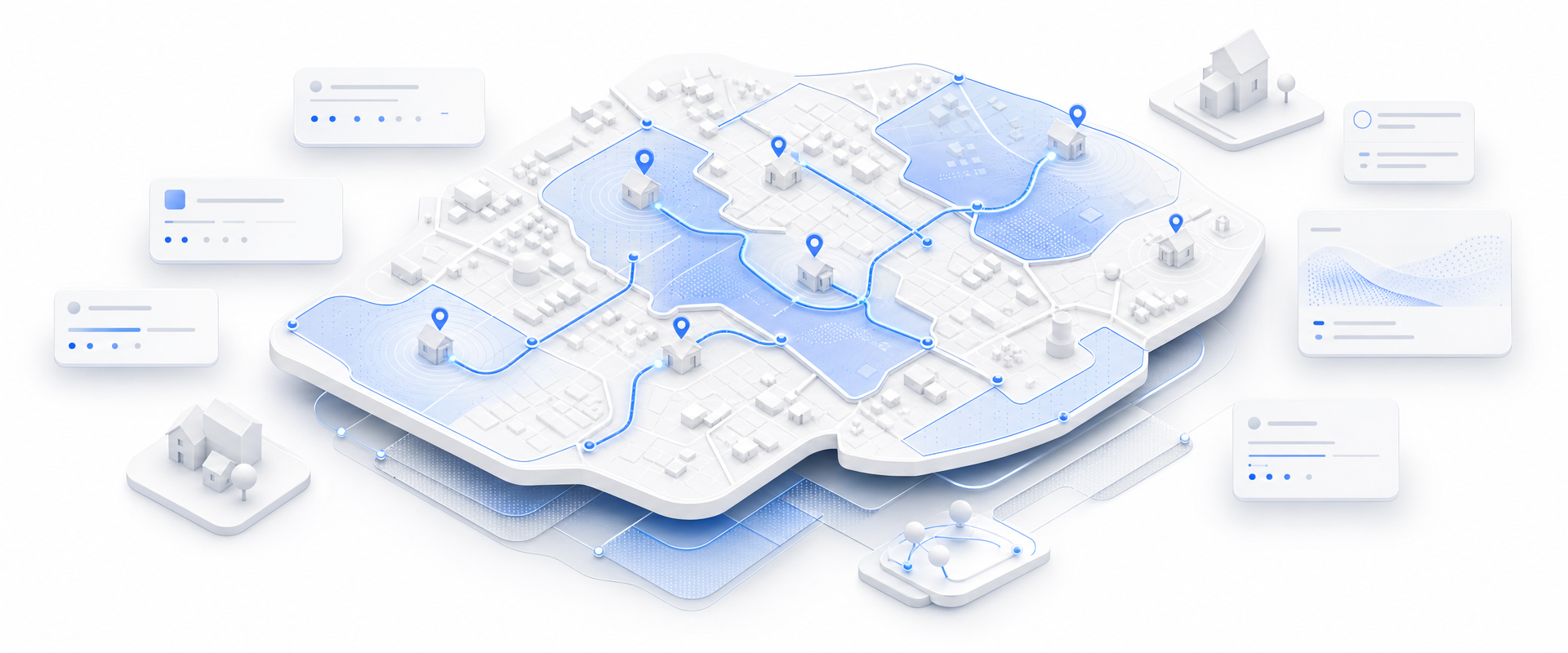 Isometric white geographic platform with blue spatial routes, markers, coverage fields, property parcels, and floating data cards representing connected mortgage refinance targeting intelligence.