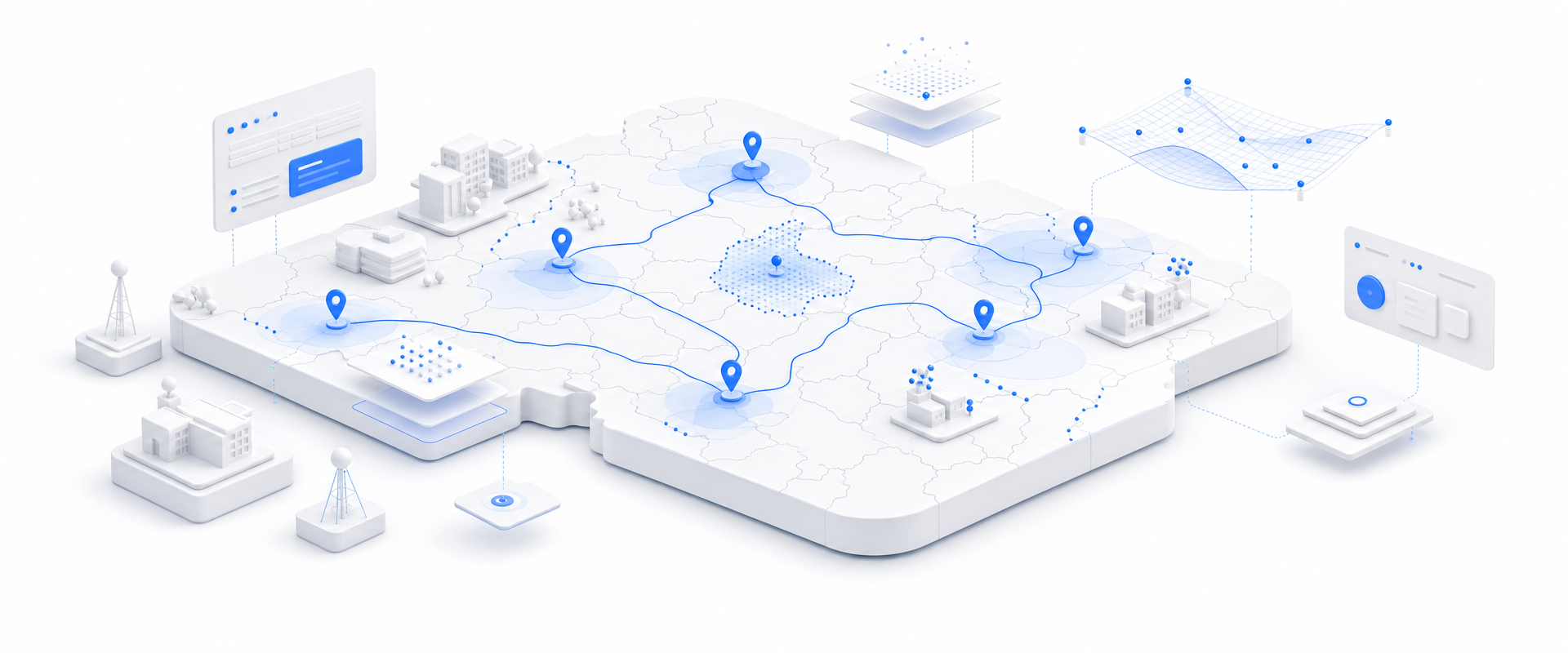 Isometric white-clay geographic platform with blue routes, municipal partitions, coverage fields, location markers, and floating data layers representing unified European market scoring.