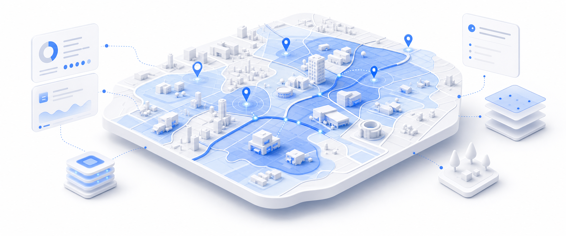 Isometric white-clay geospatial platform with blue routes, location markers, trade areas, retail blocks, and floating abstract data cards representing NielsenIQ consumer spending and retail intelligence.