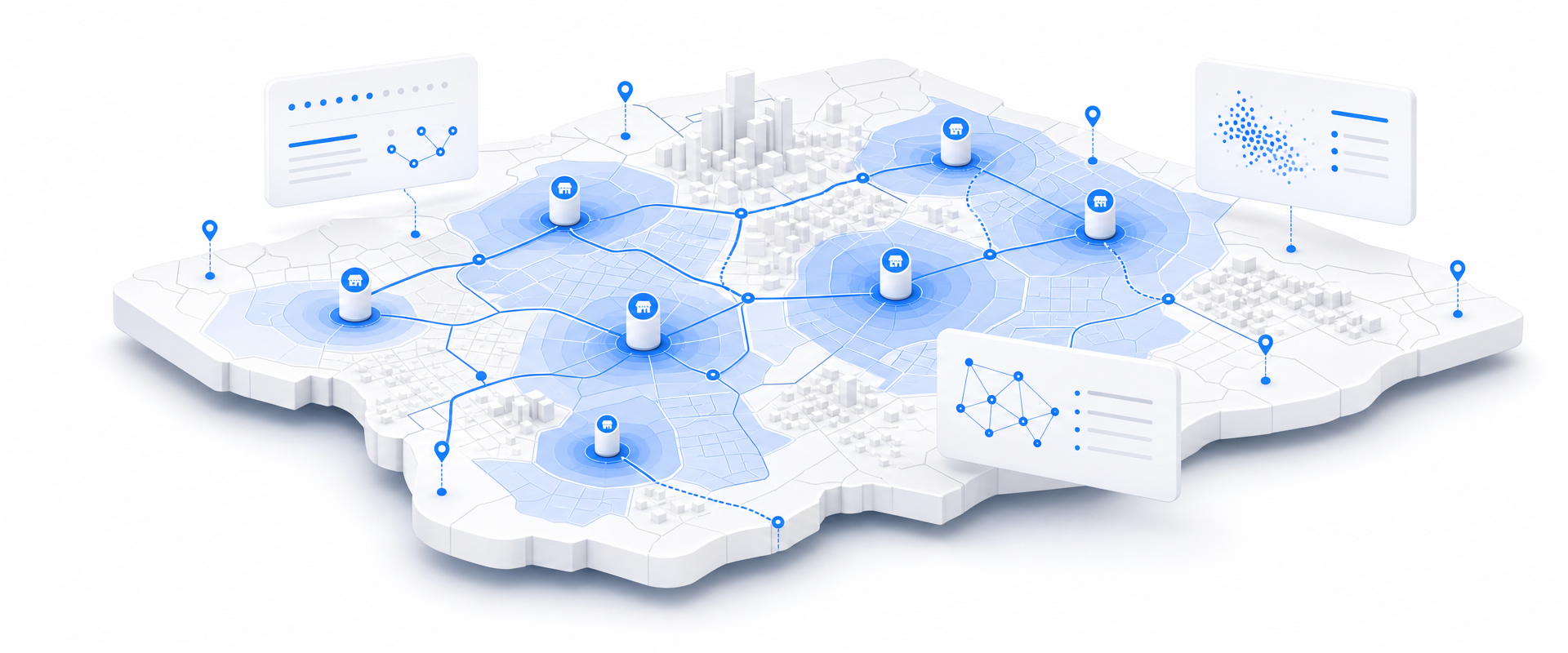 Isometric white geographic platform with blue trade areas, routes, markers, partitions, and floating data cards representing portfolio-scale demographic analysis.