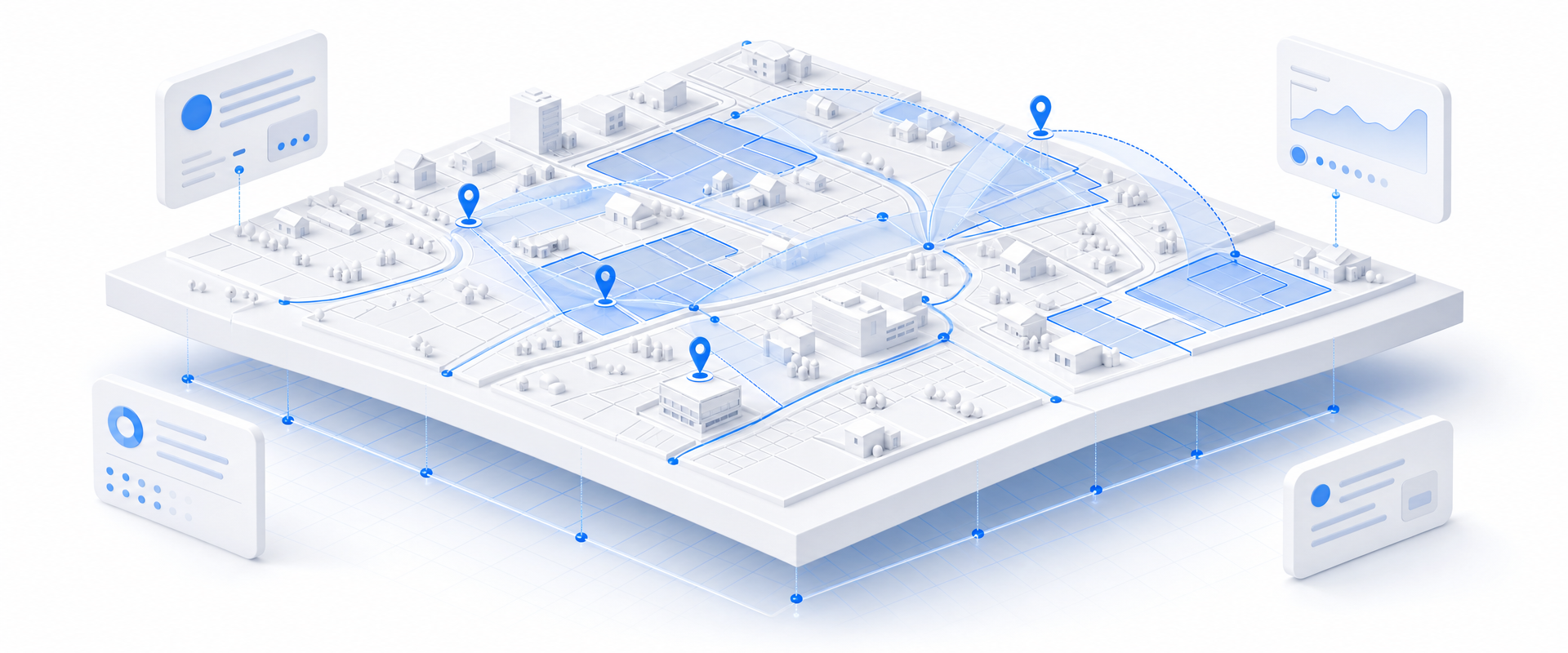 Isometric white 3D parcel platform with blue routes, markers, highlighted property regions, floating data cards, and layered spatial indexing elements representing national property acquisition screening.