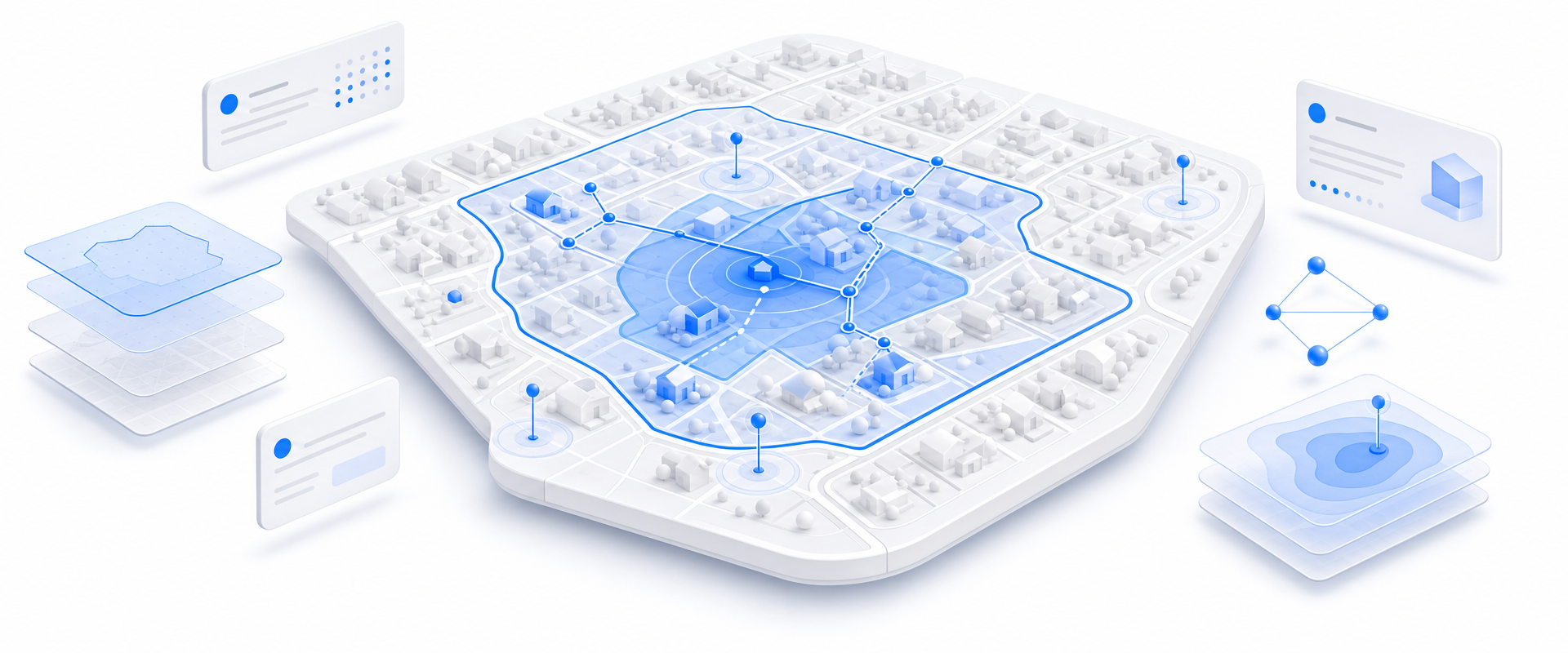 Isometric white geographic platform with blue household markers, routes, audience overlays, floating data cards, and spatial partitions representing precise household marketing targeting.