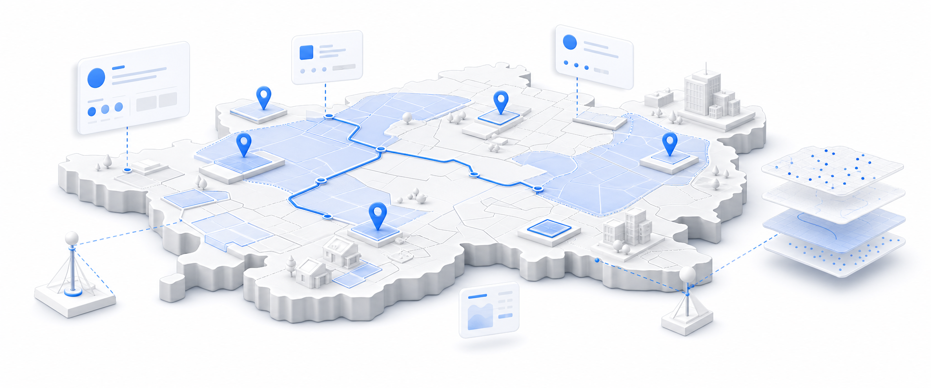 Isometric white geographic platform with blue parcel markers, routes, layered data surfaces, and floating abstract cards representing national parcel acquisition intelligence.