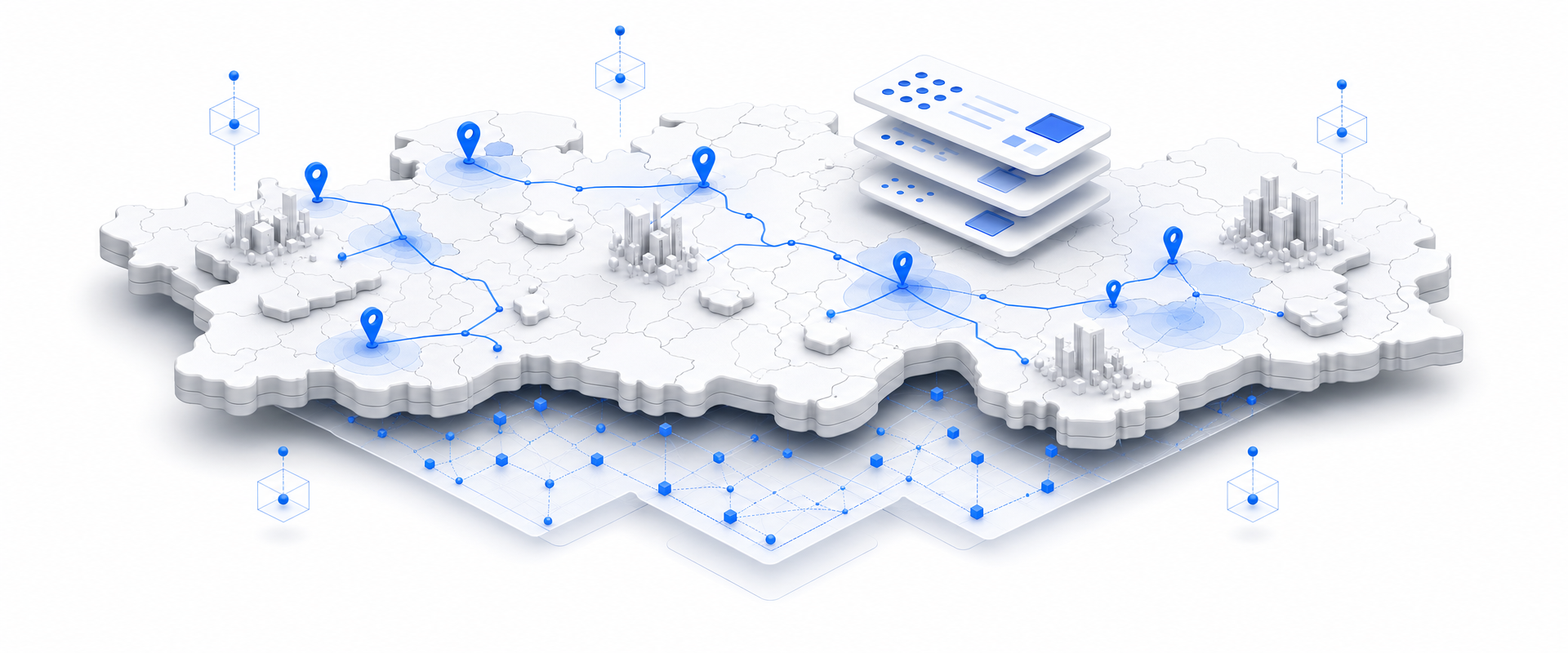 Isometric matte-white geographic platform with blue routes, markers, boundary regions, and floating data layers representing harmonized European municipality demographics.
