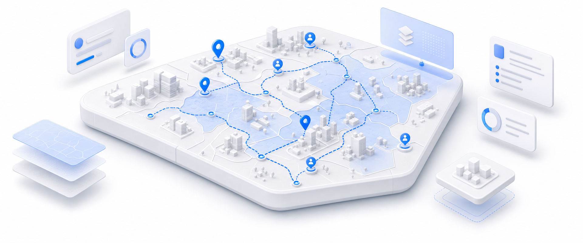 Isometric white geographic platform with blue routes, contact markers, territory boundaries, floating data cards, and connected business-location systems.
