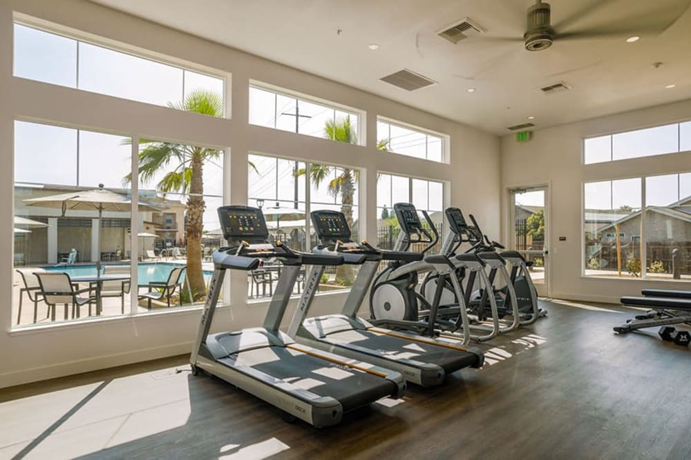Gym with treadmills and large windows