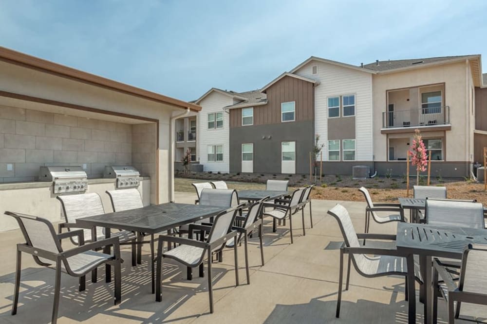 Picnic area with stainless steel grills and tables with chairs