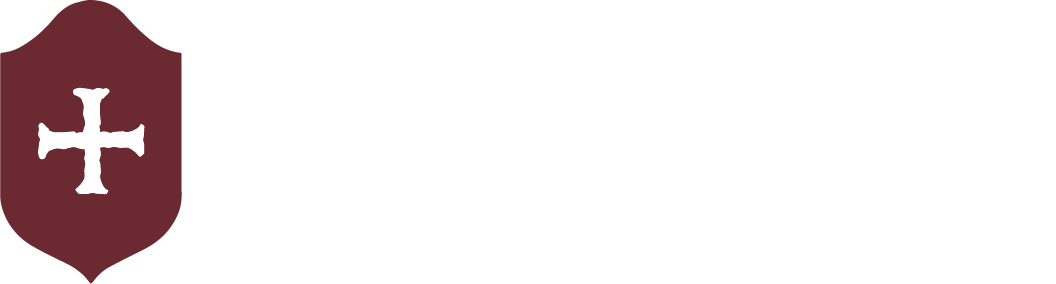 Burnt Church Distillery logo with a white cross on a maroon shield.
