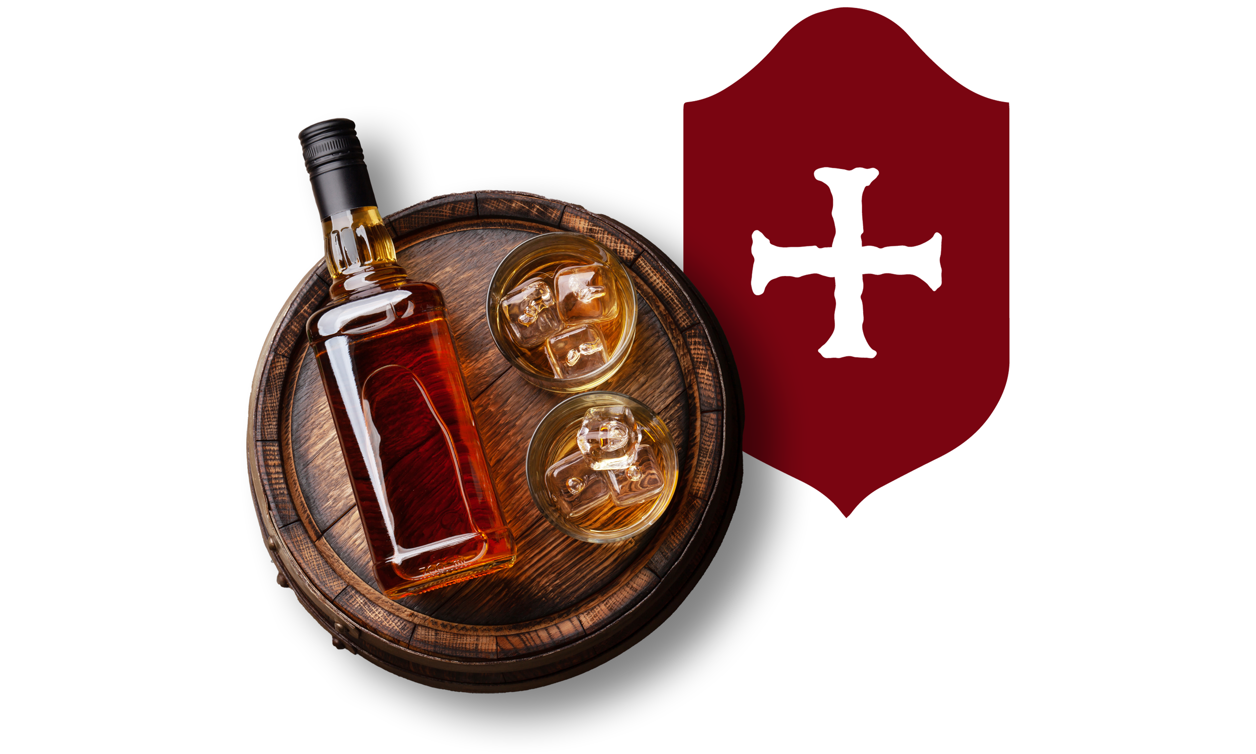 Bottle of whiskey and two glasses with whiskey and ice on a wooden barrel lid next to a red shield with a black cross.